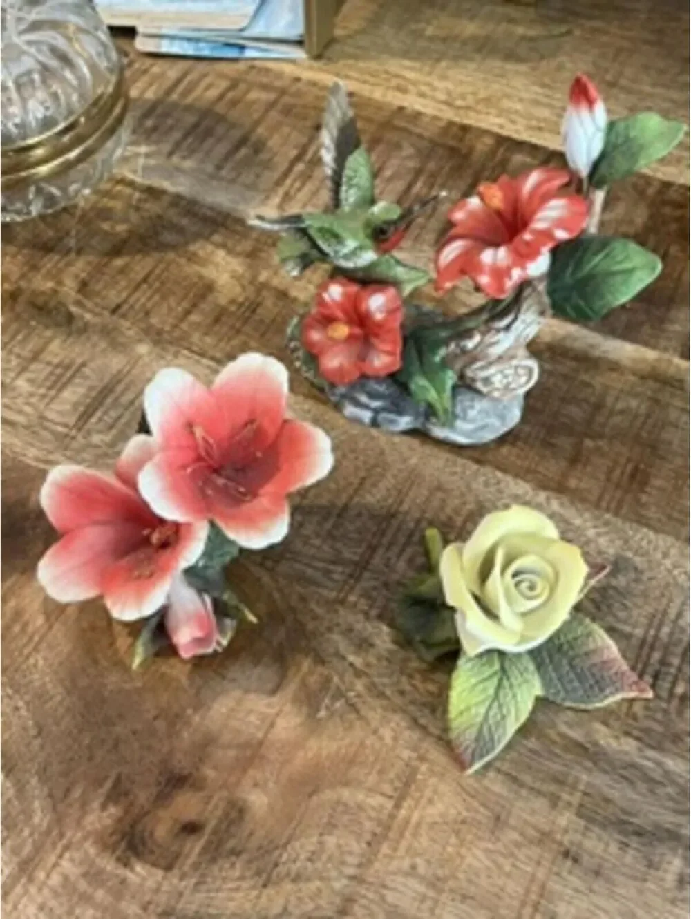 Vintage Porcelain Floral and Hummingbird Figurines Set 3
